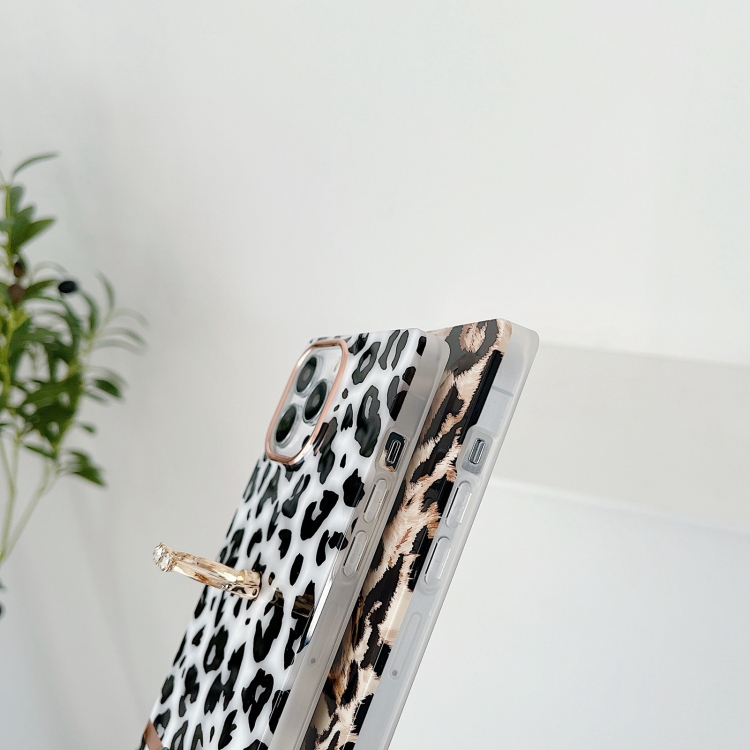 For iPhone 14 Plus Ring Holder Square Plating Gold Edge Phone Case(White Backgroud Leopard) For iPhone 14 Plus Ring Holder Square Plating Gold Edge Phone Case(White Backgroud Leopard)