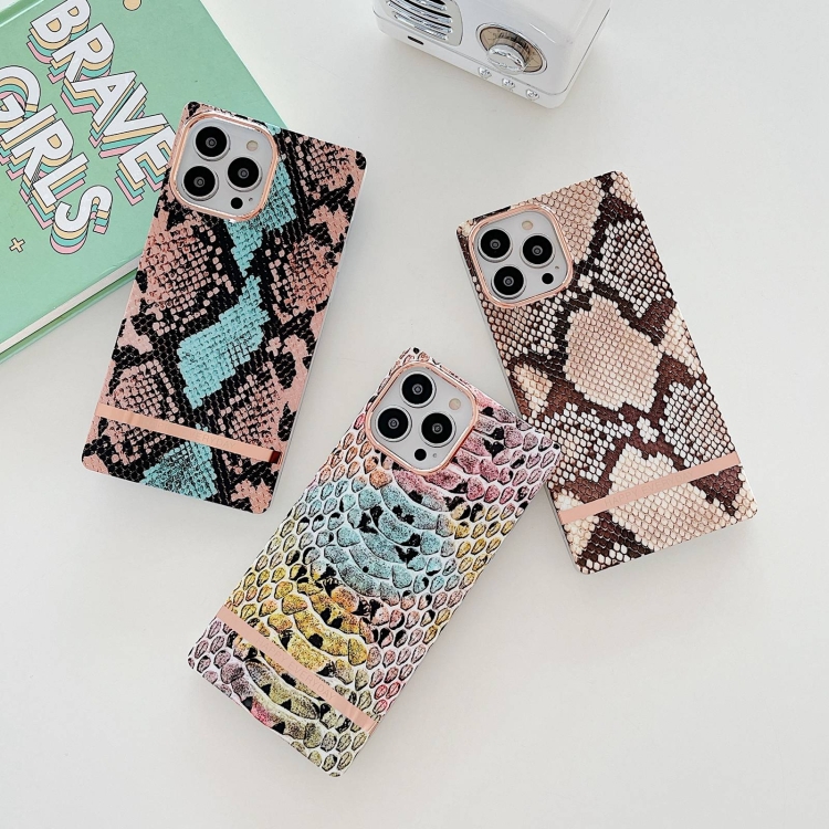 For iPhone 14 Plus Square Plating Gold Edge Phone Case(Multicolor Python) For iPhone 14 Plus Square Plating Gold Edge Phone Case(Multicolor Python)