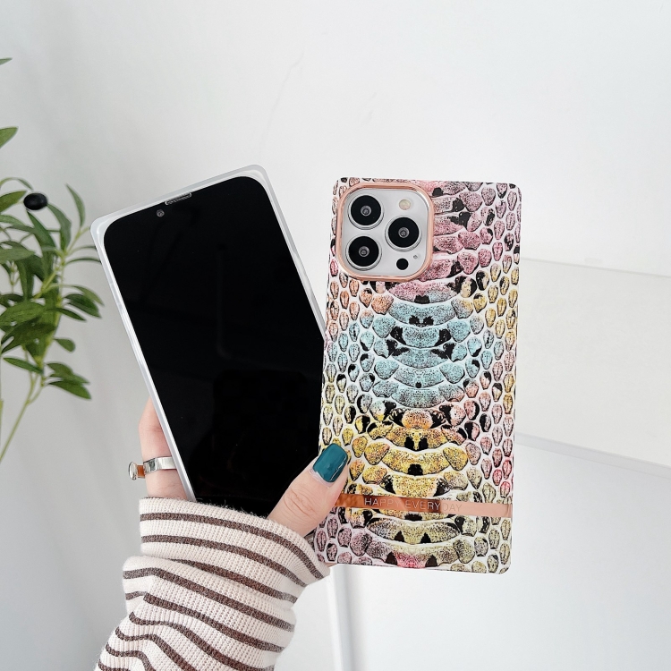 For iPhone 14 Plus Square Plating Gold Edge Phone Case(Multicolor Python) For iPhone 14 Plus Square Plating Gold Edge Phone Case(Multicolor Python)
