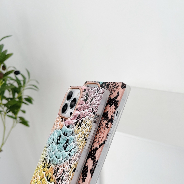 For iPhone 14 Plus Square Plating Gold Edge Phone Case(Multicolor Python) For iPhone 14 Plus Square Plating Gold Edge Phone Case(Multicolor Python)