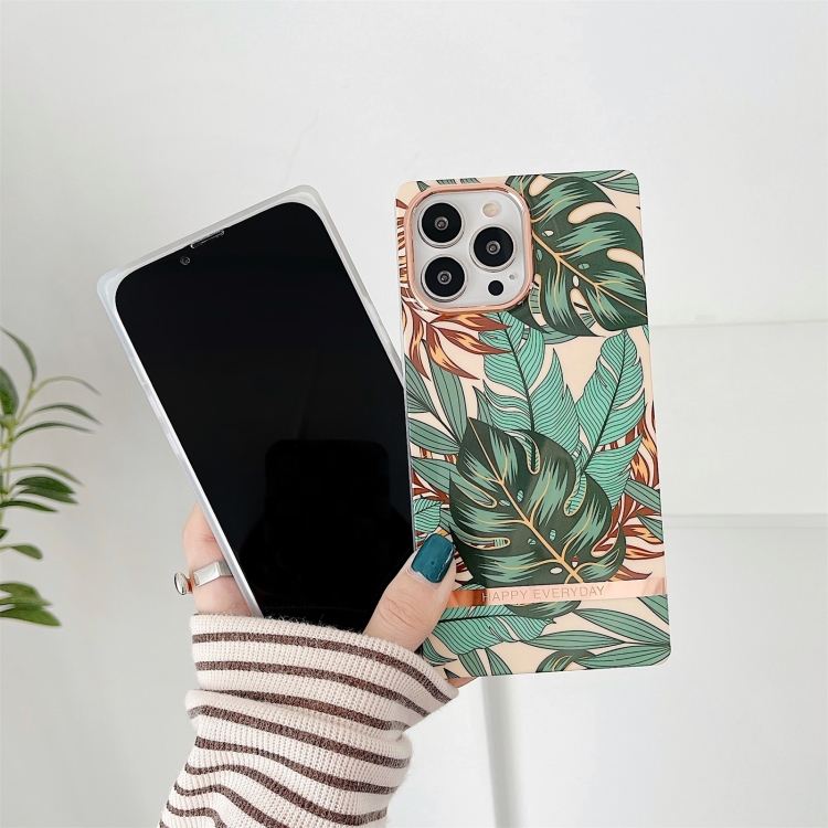 For iPhone 14 Pro Max Square Plating Gold Edge Phone Case(Blue Leaf) For iPhone 14 Pro Max Square Plating Gold Edge Phone Case(Blue Leaf)