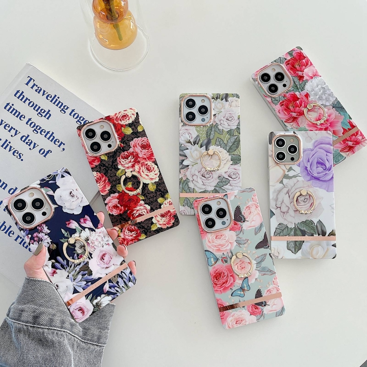 For iPhone 14 Plus Ring Holder Square Plating Gold Edge Phone Case(Full Screen Rose) For iPhone 14 Plus Ring Holder Square Plating Gold Edge Phone Case(Full Screen Rose)