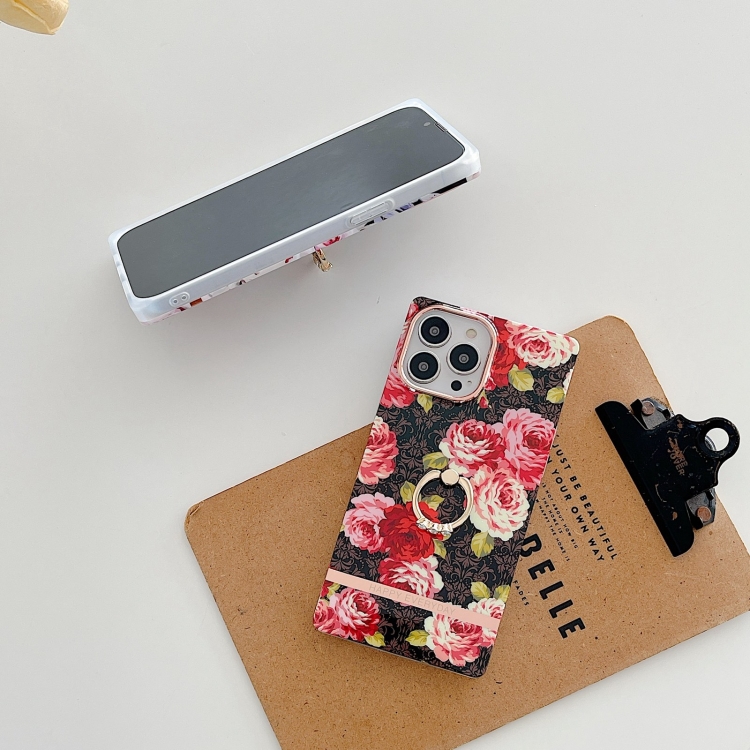 For iPhone 14 Plus Ring Holder Square Plating Gold Edge Phone Case(Full Screen Rose) For iPhone 14 Plus Ring Holder Square Plating Gold Edge Phone Case(Full Screen Rose)