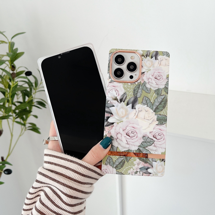 For iPhone 14 Square Plating Gold Edge Phone Case(Exotic Rose) For iPhone 14 Square Plating Gold Edge Phone Case(Exotic Rose)
