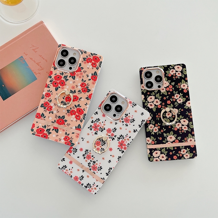 For iPhone 14 Pro Max Square Plating Gold Edge Phone Case with Ring Holder(Fresh Red Flower)
