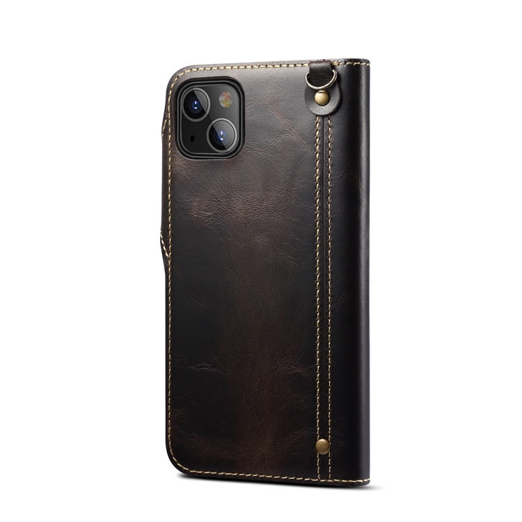 For iPhone 14 Plus Denior Oil Wax Cowhide Magnetic Button Genuine Leather Case(Black) For iPhone 14 Plus Denior Oil Wax Cowhide Magnetic Button Genuine Leather Case(Black)