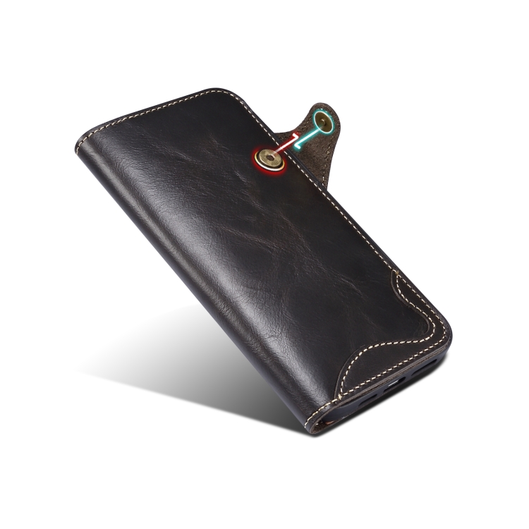 For iPhone 14 Plus Denior Oil Wax Cowhide Magnetic Button Genuine Leather Case(Black) For iPhone 14 Plus Denior Oil Wax Cowhide Magnetic Button Genuine Leather Case(Black)