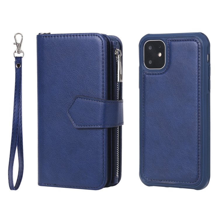 For iPhone 11 2 in 1 Solid Color Zipper Shockproof Protective Case with Card Slots & Bracket & Photo Holder & Wallet Function(Blue) For iPhone 11 2 in 1 Solid Color Zipper Shockproof Protective Case with Card Slots & Bracket & Photo Holder & Wallet Function(Blue)