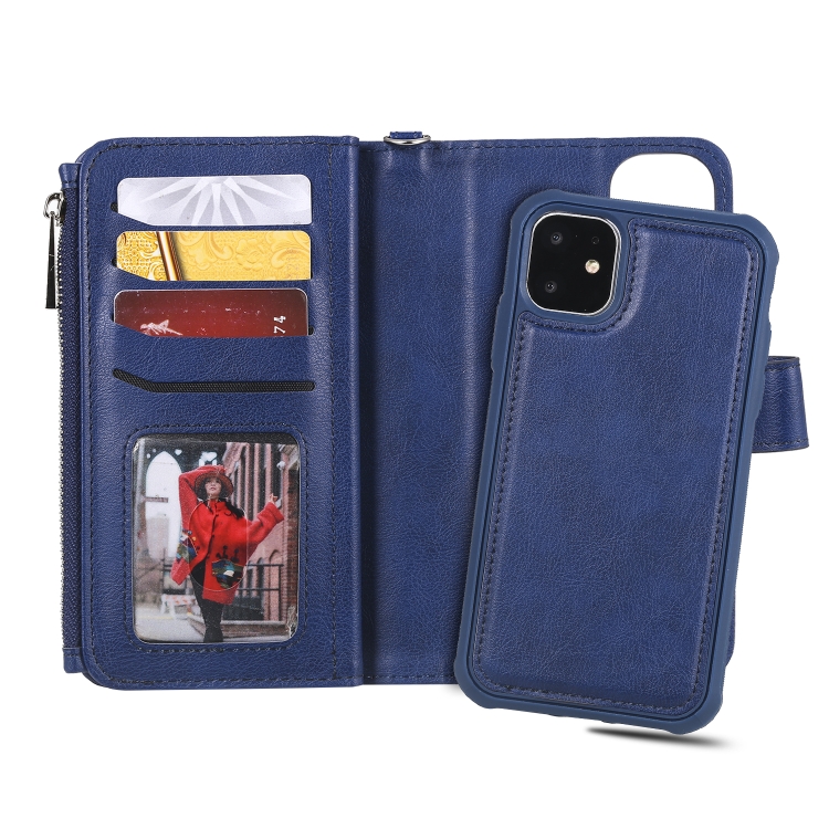 For iPhone 11 2 in 1 Solid Color Zipper Shockproof Protective Case with Card Slots & Bracket & Photo Holder & Wallet Function(Blue) For iPhone 11 2 in 1 Solid Color Zipper Shockproof Protective Case with Card Slots & Bracket & Photo Holder & Wallet Function(Blue)
