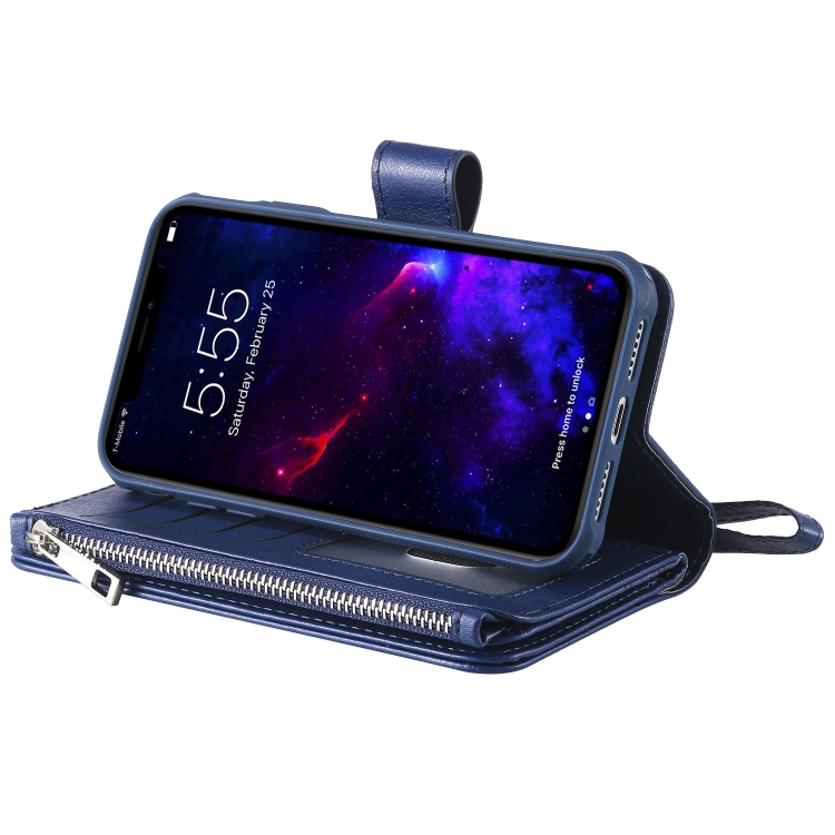 For iPhone 11 2 in 1 Solid Color Zipper Shockproof Protective Case with Card Slots & Bracket & Photo Holder & Wallet Function(Blue) For iPhone 11 2 in 1 Solid Color Zipper Shockproof Protective Case with Card Slots & Bracket & Photo Holder & Wallet Function(Blue)