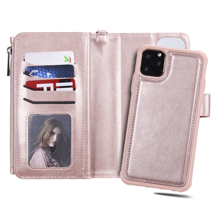 For iPhone 11 Pro Max 2 in 1 Solid Color Zipper Shockproof Protective Case with Card Slots & Bracket & Photo Holder & Wallet Function(Rose Gold) For iPhone 11 Pro Max 2 in 1 Solid Color Zipper Shockproof Protective Case with Card Slots & Bracket & Photo Holder & Wallet Function(Rose Gold)