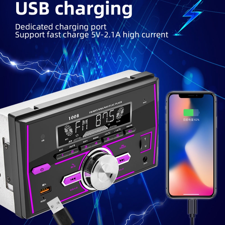 7 couleurs d'éclairage 2 Din Autoradio Bluetooth USB Lecteur MP3