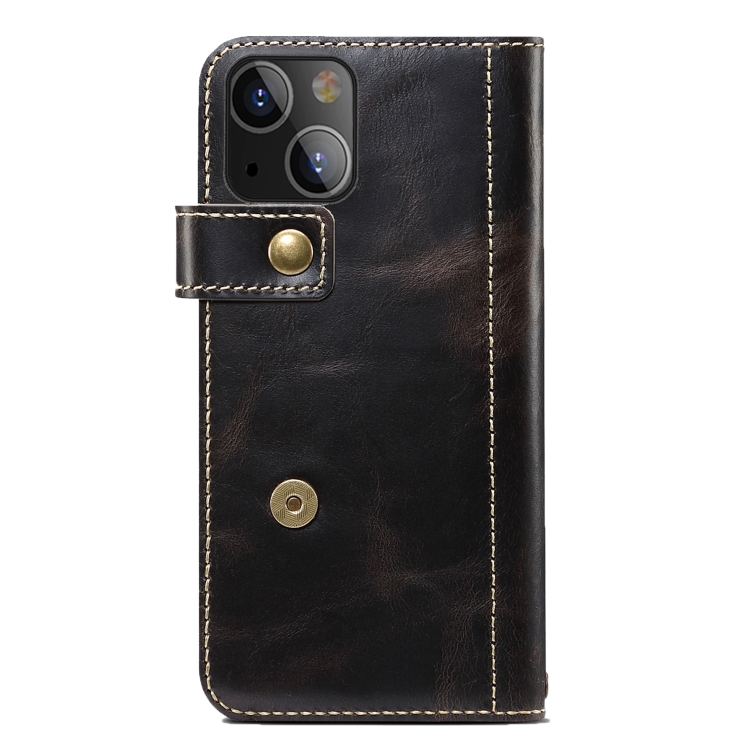 For iPhone 14 Plus Denior Oil Wax Cowhide DK Magnetic Button Leather Phone Case(Black) For iPhone 14 Plus Denior Oil Wax Cowhide DK Magnetic Button Leather Phone Case(Black)