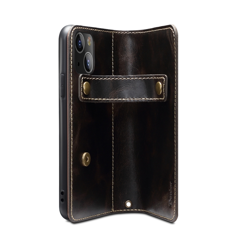 For iPhone 14 Plus Denior Oil Wax Cowhide DK Magnetic Button Leather Phone Case(Black) For iPhone 14 Plus Denior Oil Wax Cowhide DK Magnetic Button Leather Phone Case(Black)