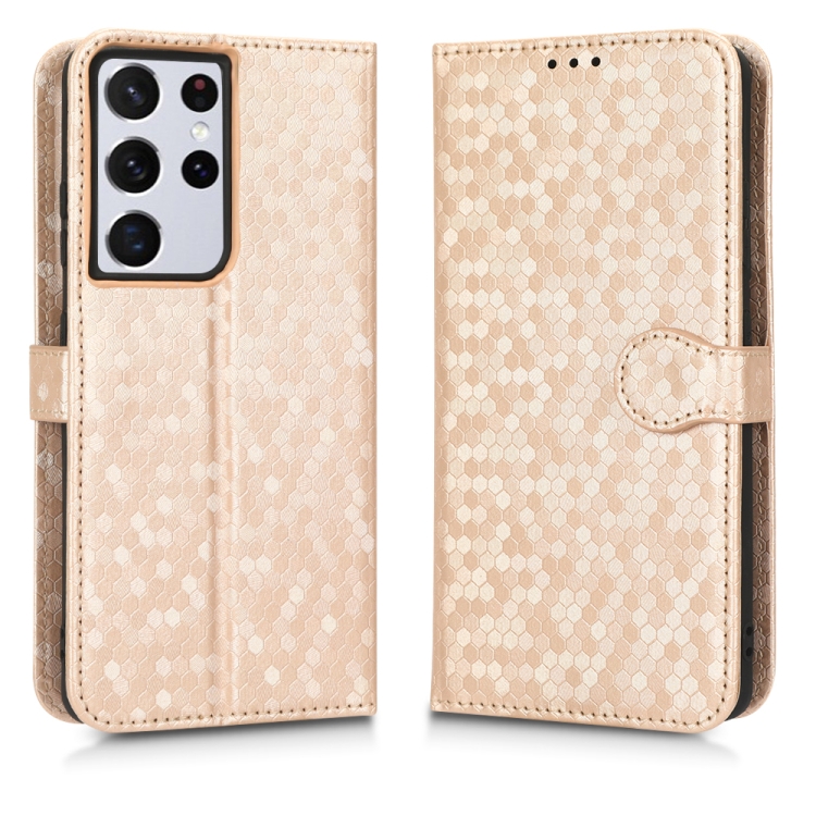 For Samsung Galaxy S21 Ultra 5G Honeycomb Dot Texture Leather Phone Case(Gold)