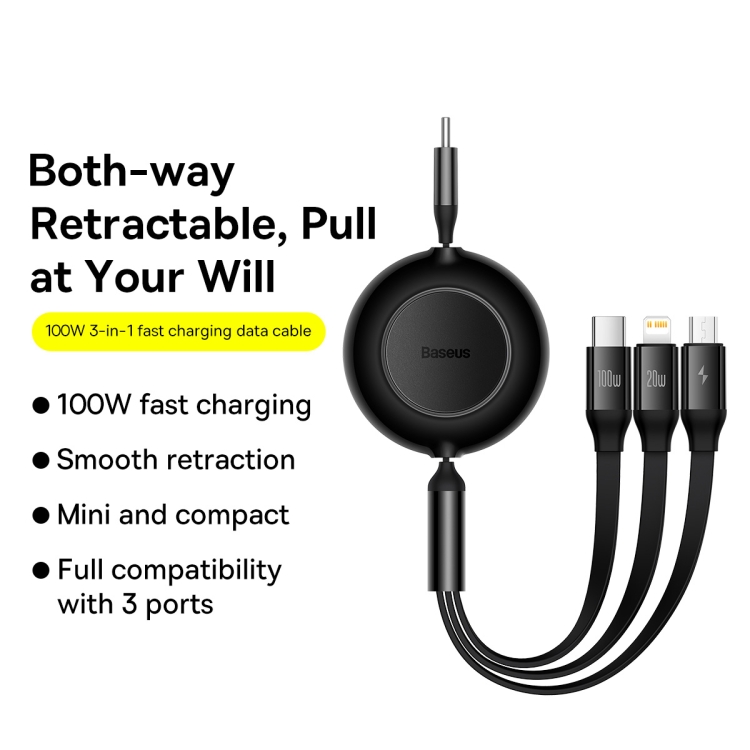 Baseus Bright Mirror 3 in 1 USB-C / Type-C 100W Telescopic Data Cable, Length: 1.2m(Black)