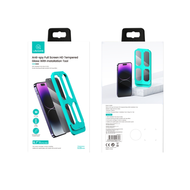 For iPhone 14 Pro Max USAMS US-BH836 Anti-peeping Full Screen Tempered Glass with Installation Tool For iPhone 14 Pro Max USAMS US-BH836 Anti-peeping Full Screen Tempered Glass with Installation Tool