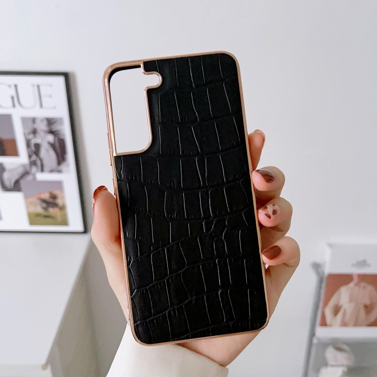 For Samsung Galaxy S22 5G Crocodile Texture Genuine Leather Electroplating Phone Case(Black) For Samsung Galaxy S22 5G Crocodile Texture Genuine Leather Electroplating Phone Case(Black)