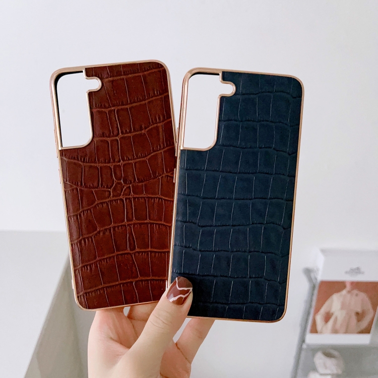 For Samsung Galaxy S22 5G Crocodile Texture Genuine Leather Electroplating Phone Case(Black) For Samsung Galaxy S22 5G Crocodile Texture Genuine Leather Electroplating Phone Case(Black)