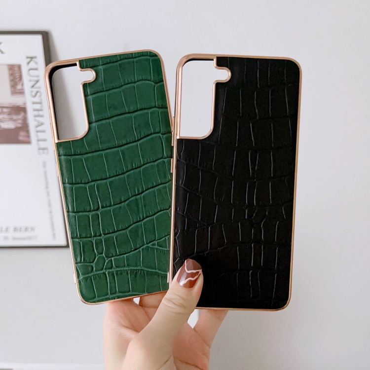 For Samsung Galaxy S22 5G Crocodile Texture Genuine Leather Electroplating Phone Case(Black) For Samsung Galaxy S22 5G Crocodile Texture Genuine Leather Electroplating Phone Case(Black)