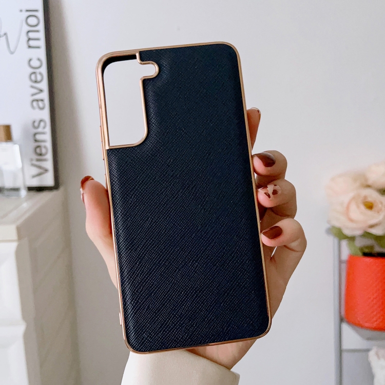 For Samsung Galaxy S22 5G Nano Electroplating Cross Texture Genuine Leather Phone Case(Blue) For Samsung Galaxy S22 5G Nano Electroplating Cross Texture Genuine Leather Phone Case(Blue)