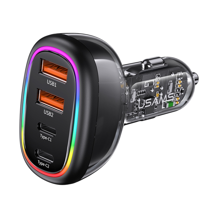 USAMS US-CC169 C34 PD30W+QC3.0 120W 4-port Transparent Car Fast Charger with Colorful Lights(Blue) - B1