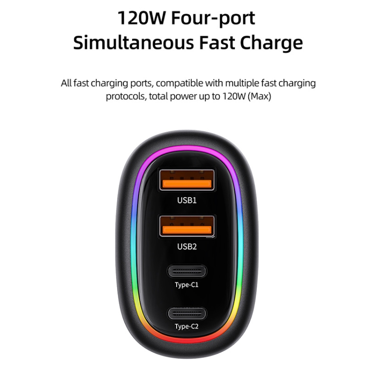 USAMS US-CC169 C34 PD30W+QC3.0 120W 4-port Transparent Car Fast Charger with Colorful Lights(Blue) - B2