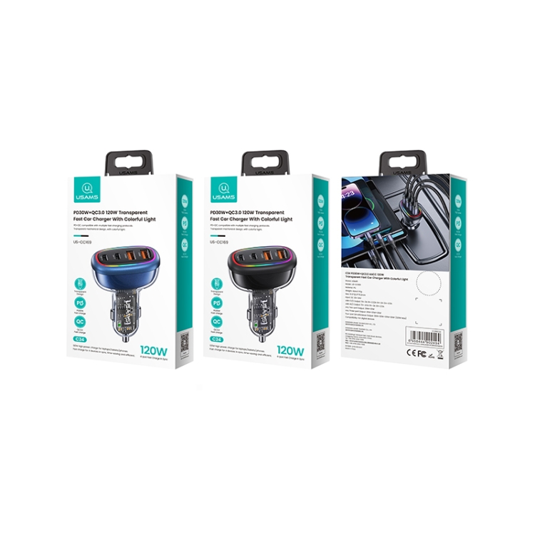 USAMS US-CC169 C34 PD30W+QC3.0 120W 4-port Transparent Car Fast Charger with Colorful Lights(Blue) - B3