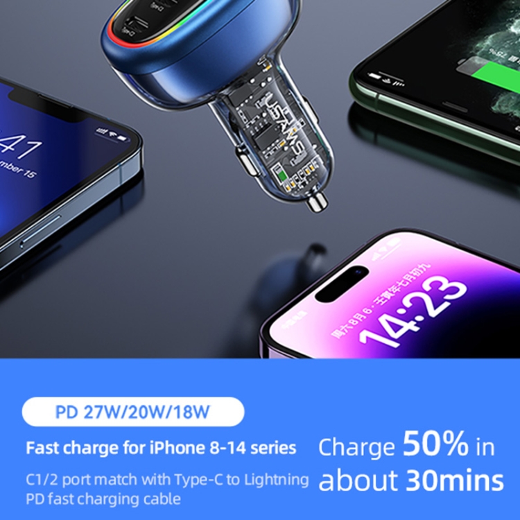 USAMS US-CC169 C34 PD30W+QC3.0 120W 4-port Transparent Car Fast Charger with Colorful Lights(Blue) - B6