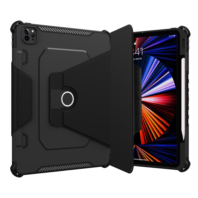 360 Degree Rotating Armored Smart Tablet Leather Case For iPad Pro 12.9 inch 2022/2021/2020/2018(Black)