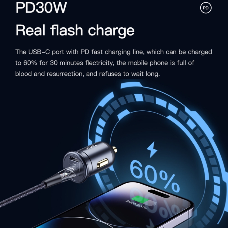 TOTUDESIGN 30W Car Fast Charging, Interface:USB-C / Type-C + USB-C / Type-C TOTUDESIGN 30W Car Fast Charging, Interface:USB-C / Type-C + USB-C / Type-C