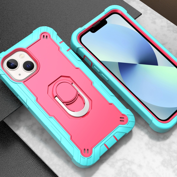 For iPhone 14 Two-color Ring Holder Phone Case(Mint Green + Rose Red) For iPhone 14 Two-color Ring Holder Phone Case(Mint Green + Rose Red)