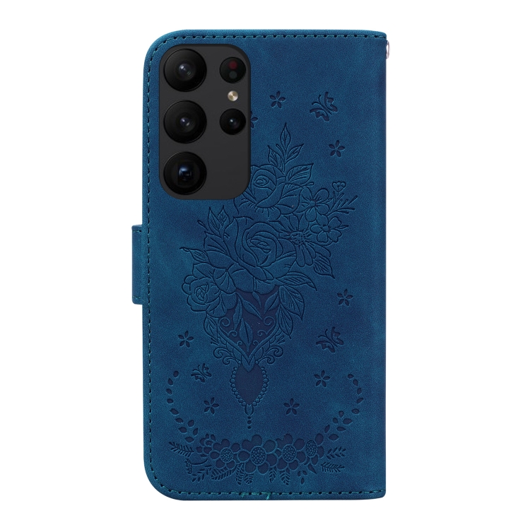 For Samsung Galaxy S23 Ultra 5G Butterfly Rose Embossed Leather Phone Case(Blue)