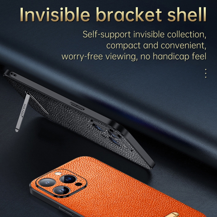 For iPhone 14 SULADA Invisible Bracket Leather Back Cover Phone Case(Black) For iPhone 14 SULADA Invisible Bracket Leather Back Cover Phone Case(Black)