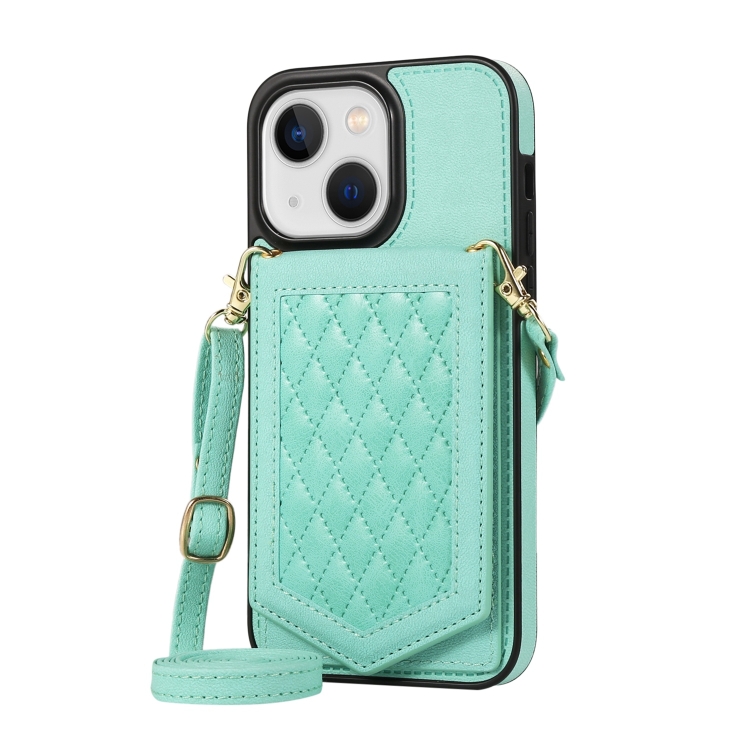 For iPhone 14 Plus Rhombic Texture RFID Phone Case with Lanyard & Mirror(Mint Green) For iPhone 14 Plus Rhombic Texture RFID Phone Case with Lanyard & Mirror(Mint Green)