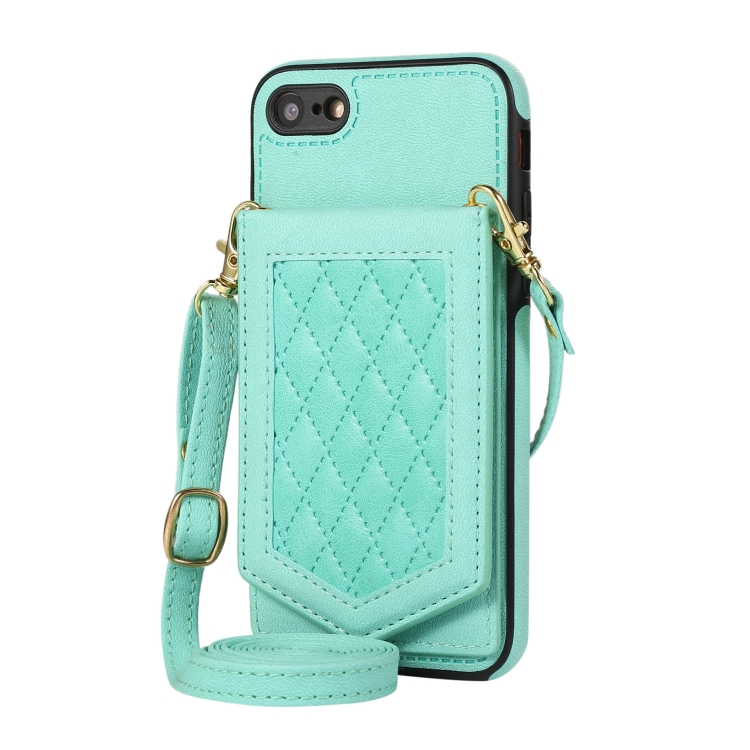 For iPhone SE 2022 / SE 2020 / 8 / 7 Rhombic Texture RFID Phone Case with Lanyard & Mirror(Mint Green) For iPhone SE 2022 / SE 2020 / 8 / 7 Rhombic Texture RFID Phone Case with Lanyard & Mirror(Mint Green)