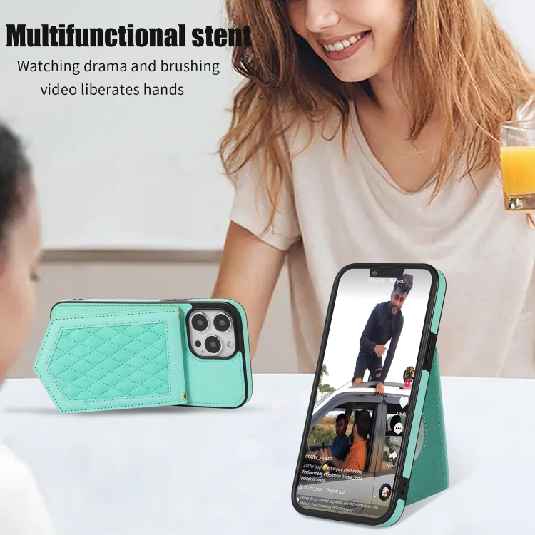 For iPhone SE 2022 / SE 2020 / 8 / 7 Rhombic Texture RFID Phone Case with Lanyard & Mirror(Mint Green) For iPhone SE 2022 / SE 2020 / 8 / 7 Rhombic Texture RFID Phone Case with Lanyard & Mirror(Mint Green)