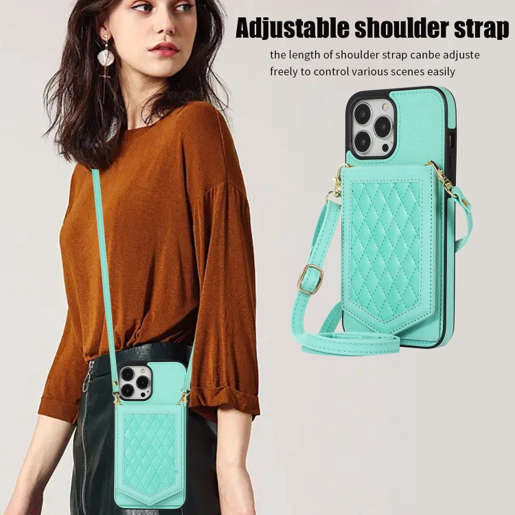 For iPhone SE 2022 / SE 2020 / 8 / 7 Rhombic Texture RFID Phone Case with Lanyard & Mirror(Mint Green) For iPhone SE 2022 / SE 2020 / 8 / 7 Rhombic Texture RFID Phone Case with Lanyard & Mirror(Mint Green)