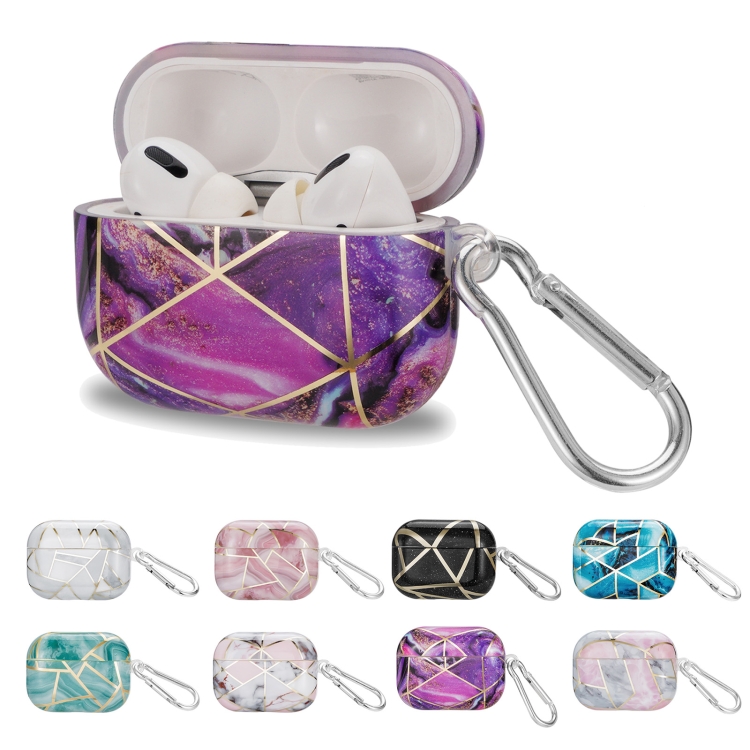 For AirPods Pro 2 Electroplate Marble Pattern Wireless Earphone Protective Case with Hook(Purple) For AirPods Pro 2 Electroplate Marble Pattern Wireless Earphone Protective Case with Hook(Purple)