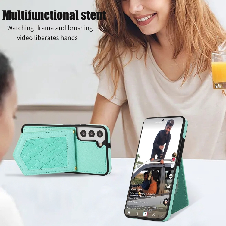 For Samsung Galaxy S22 5G Rhombic Texture RFID Phone Case with Lanyard & Mirror(Mint Green) For Samsung Galaxy S22 5G Rhombic Texture RFID Phone Case with Lanyard & Mirror(Mint Green)
