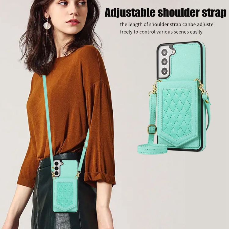 For Samsung Galaxy S22 5G Rhombic Texture RFID Phone Case with Lanyard & Mirror(Mint Green) For Samsung Galaxy S22 5G Rhombic Texture RFID Phone Case with Lanyard & Mirror(Mint Green)