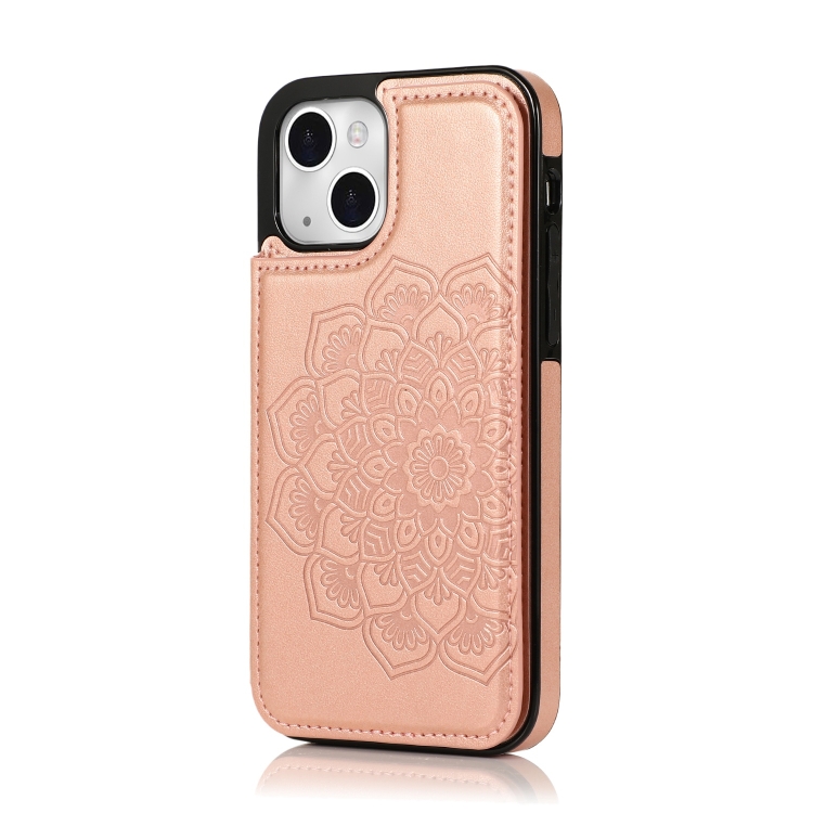 For iPhone 14 Plus Double Buckle Mandala Leather Wallet Back Cover Phone Case(Rose Gold)