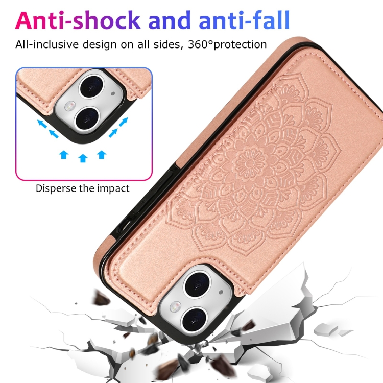 For iPhone 14 Plus Double Buckle Mandala Leather Wallet Back Cover Phone Case(Rose Gold)