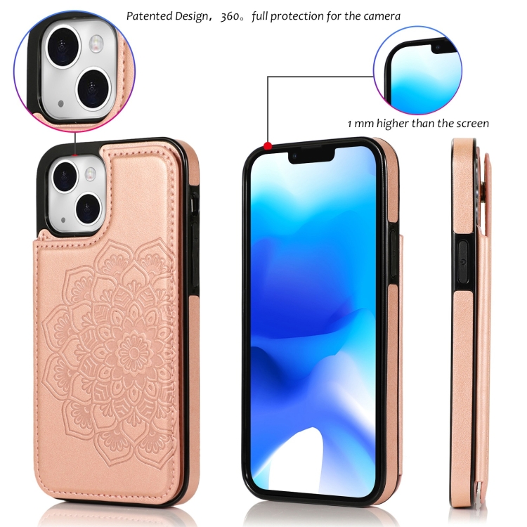 For iPhone 14 Plus Double Buckle Mandala Leather Wallet Back Cover Phone Case(Rose Gold)