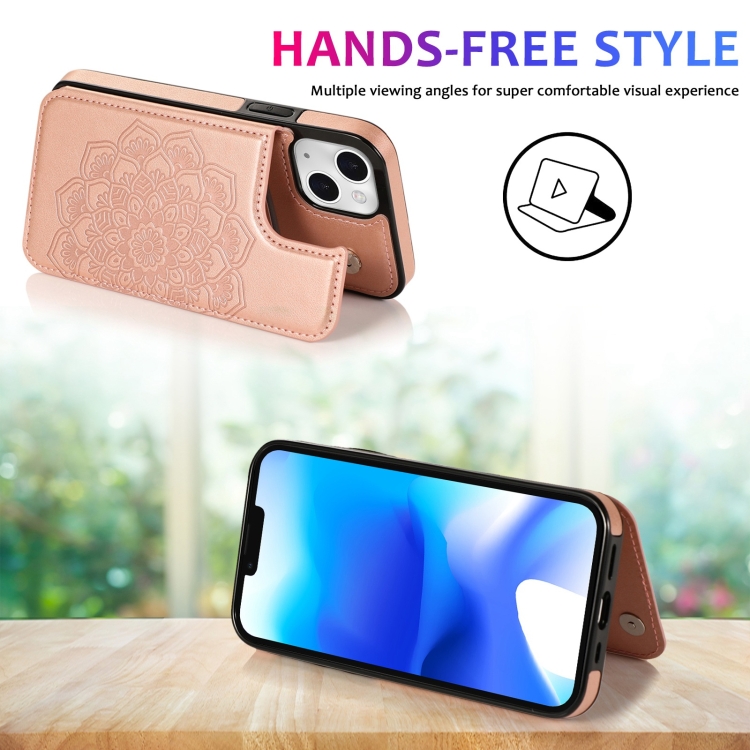 For iPhone 14 Plus Double Buckle Mandala Leather Wallet Back Cover Phone Case(Rose Gold)