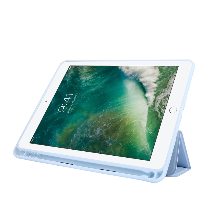 Skin Feel Pen Holder Tri-fold Tablet Leather Case For iPad Air 2 / Air / 9.7 2018 / 9.7 2017(Light Blue) Skin Feel Pen Holder Tri-fold Tablet Leather Case For iPad Air 2 / Air / 9.7 2018 / 9.7 2017(Light Blue)