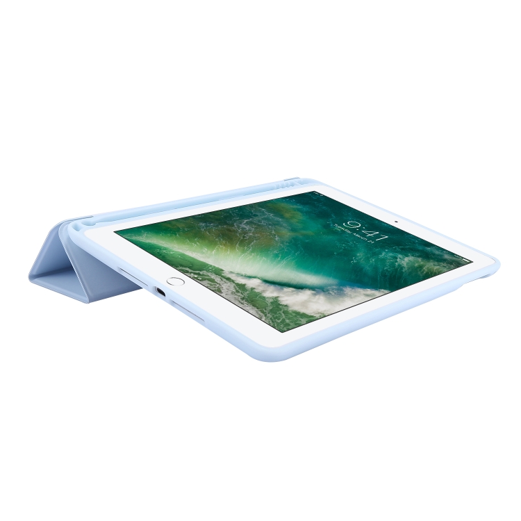 Skin Feel Pen Holder Tri-fold Tablet Leather Case For iPad Air 2 / Air / 9.7 2018 / 9.7 2017(Light Blue) Skin Feel Pen Holder Tri-fold Tablet Leather Case For iPad Air 2 / Air / 9.7 2018 / 9.7 2017(Light Blue)
