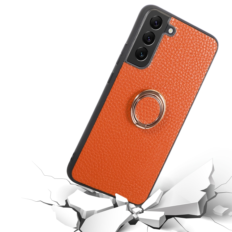 For Samsung Galaxy S23+ 5G Litchi Texture Magnetic Phone Case with Ring Holder(Orange)