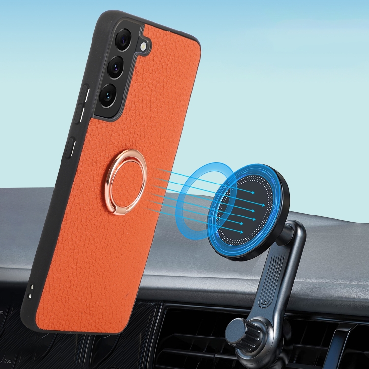 For Samsung Galaxy S23+ 5G Litchi Texture Magnetic Phone Case with Ring Holder(Orange)