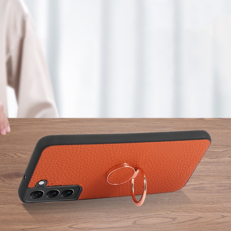 For Samsung Galaxy S23+ 5G Litchi Texture Magnetic Phone Case with Ring Holder(Orange)